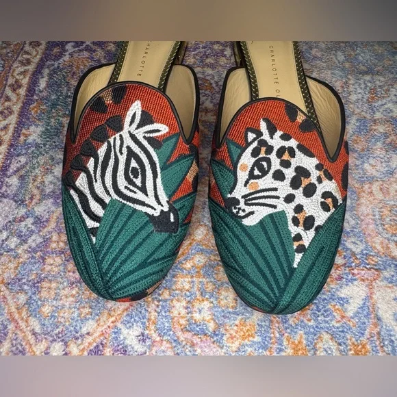 Charlotte Olympia Green and Red Animal Print Mules - Picture 2 of 8
